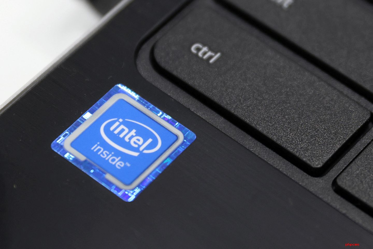 An Intel Corporation logo is seen on a sticker on a laptop for sale in Queens, New York